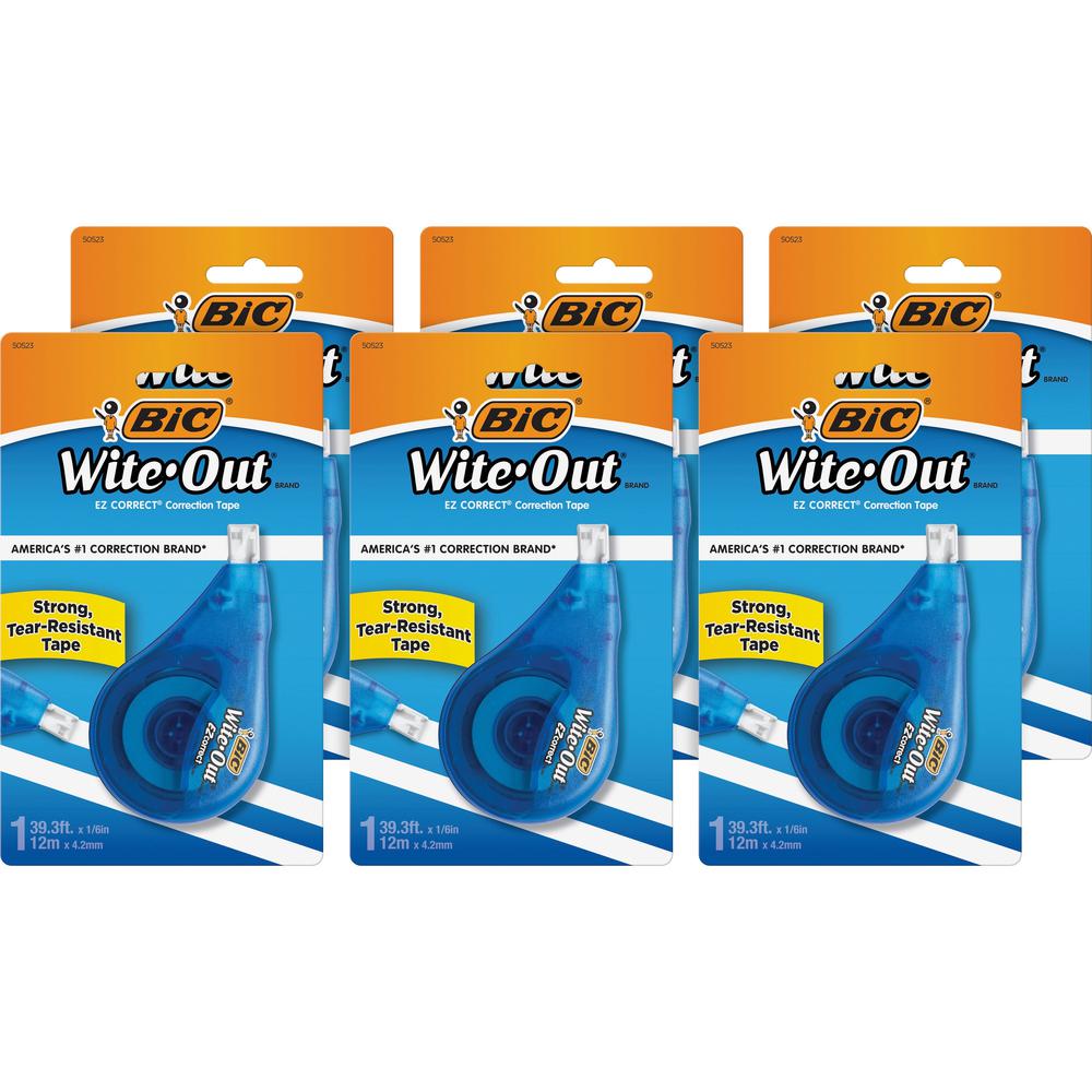 BIC EZ Correct Correction Tape - 0.20" Tape Width x 39.40 ft Tape Length - 1 Line(s) - White Tape - Ergonomic White Dispenser - Tear Resistant, Photo-safe, Odorless - White - 6 / Box. Picture 1
