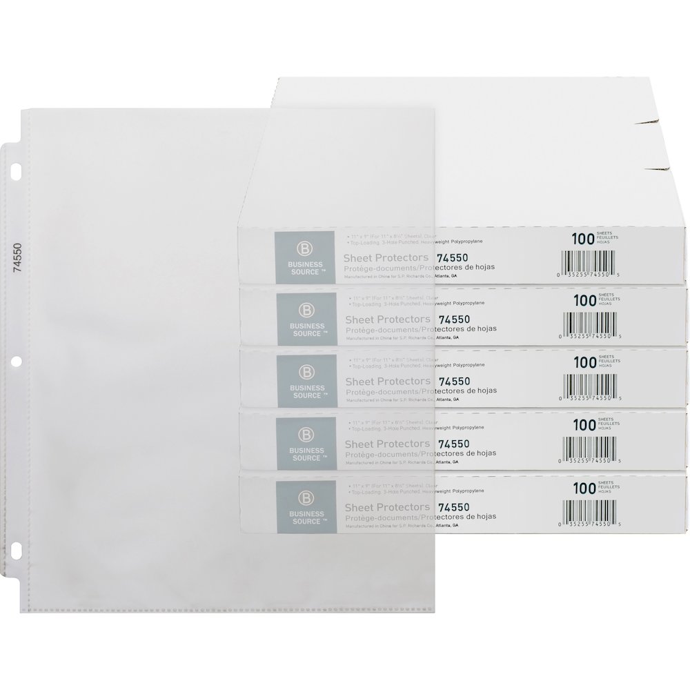 Business Source Top-Loading Poly Sheet Protectors - 3.2 mil Thickness - For Letter 8 1/2" x 11" Sheet - 3 x Holes - Ring Binder - Rectangular - Clear - Polypropylene - 100/Box - 5 / Carton. Picture 1