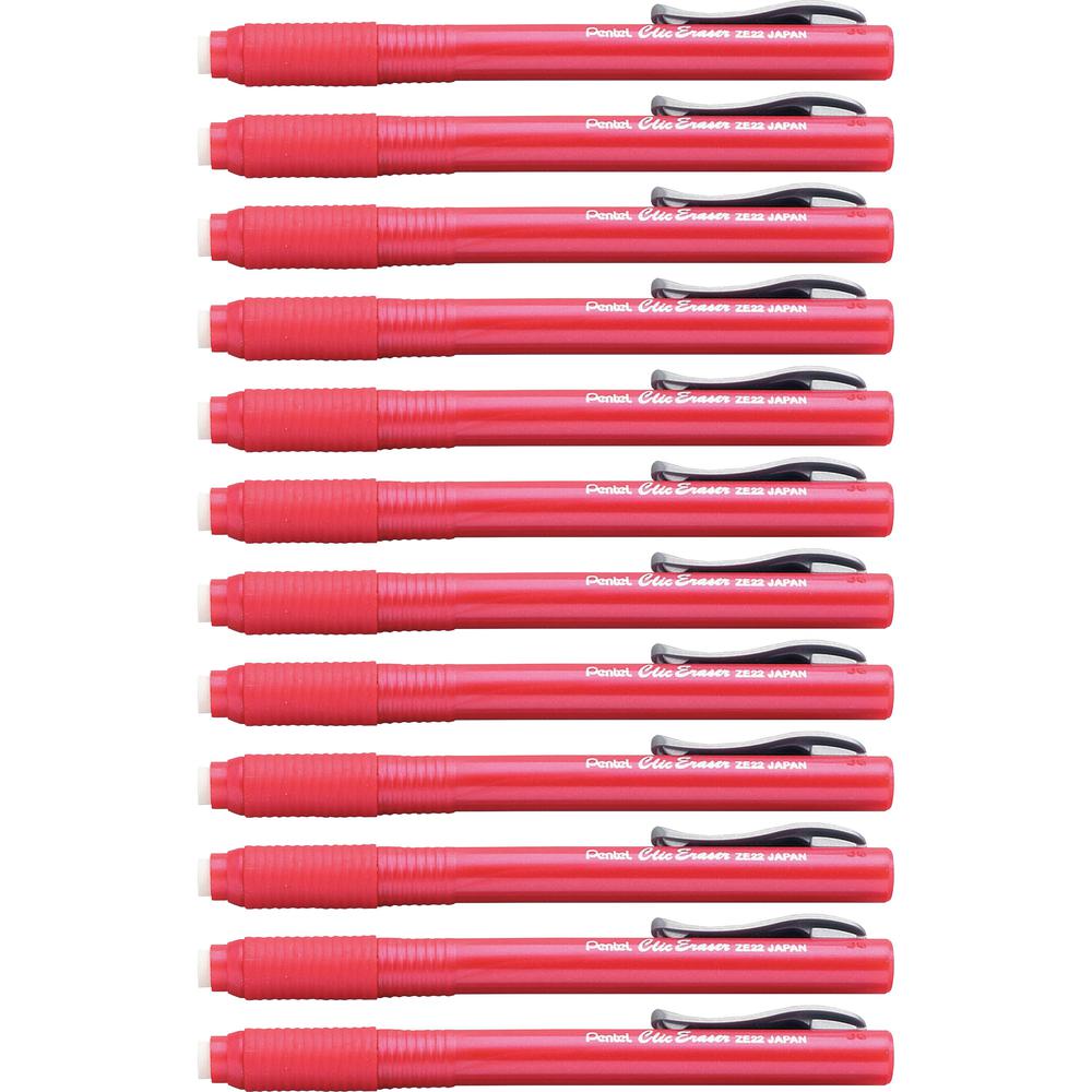 Pentel Rubber Grip Clic Eraser - Red Barrel - Pen - Refillable - 12 / Box - Retractable, Latex-free Grip, Pocket Clip, Ghost Resistant, Non-abrasive. Picture 1