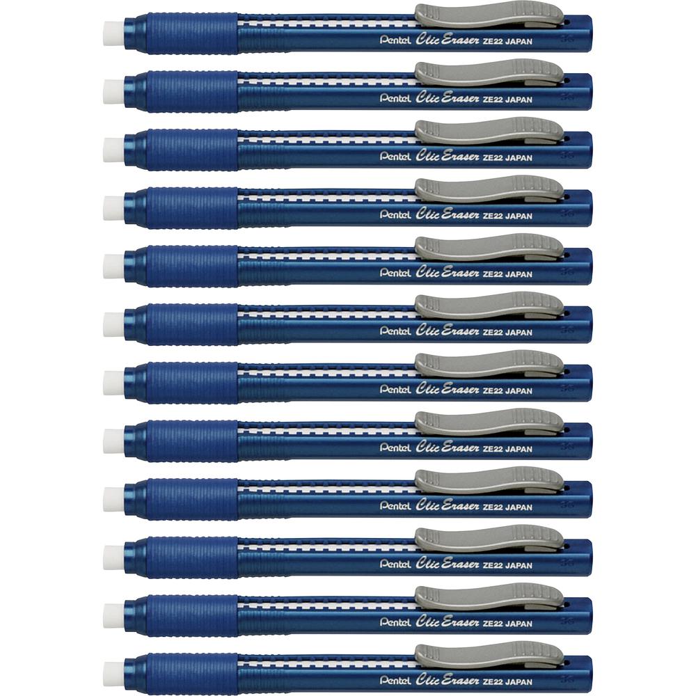 Pentel Rubber Grip Clic Eraser - Blue Barrel - Pen - Refillable - 12 / Box - Retractable, Latex-free Grip, Pocket Clip, Ghost Resistant, Non-abrasive. Picture 1