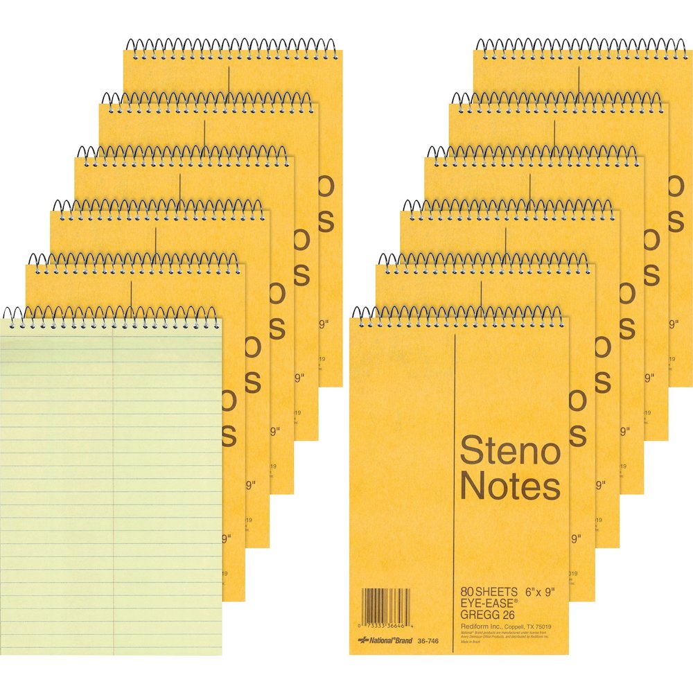 Rediform Steno Notebooks - 80 Sheets - Wire Bound - Gregg Ruled Margin - 16 lb Basis Weight - 6" x 9" Sheet Size - Green Paper - Brown Board Cover - Hard Cover, Rigid - 12 / Pack. Picture 1