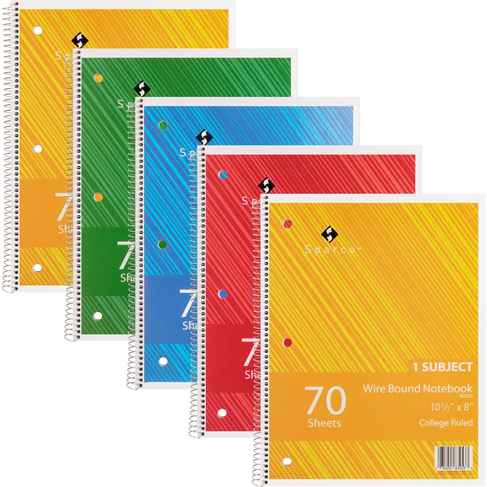 Sparco Wirebound Notebooks - 70 Sheets - Wire Bound - College Ruled Front Ruling - Unruled Margin - 16 lb Basis Weight - 8" x 10 1/2" Sheet Size - Assorted Chipboard Cover - Subject, Stiff-cover, Stif. Picture 1