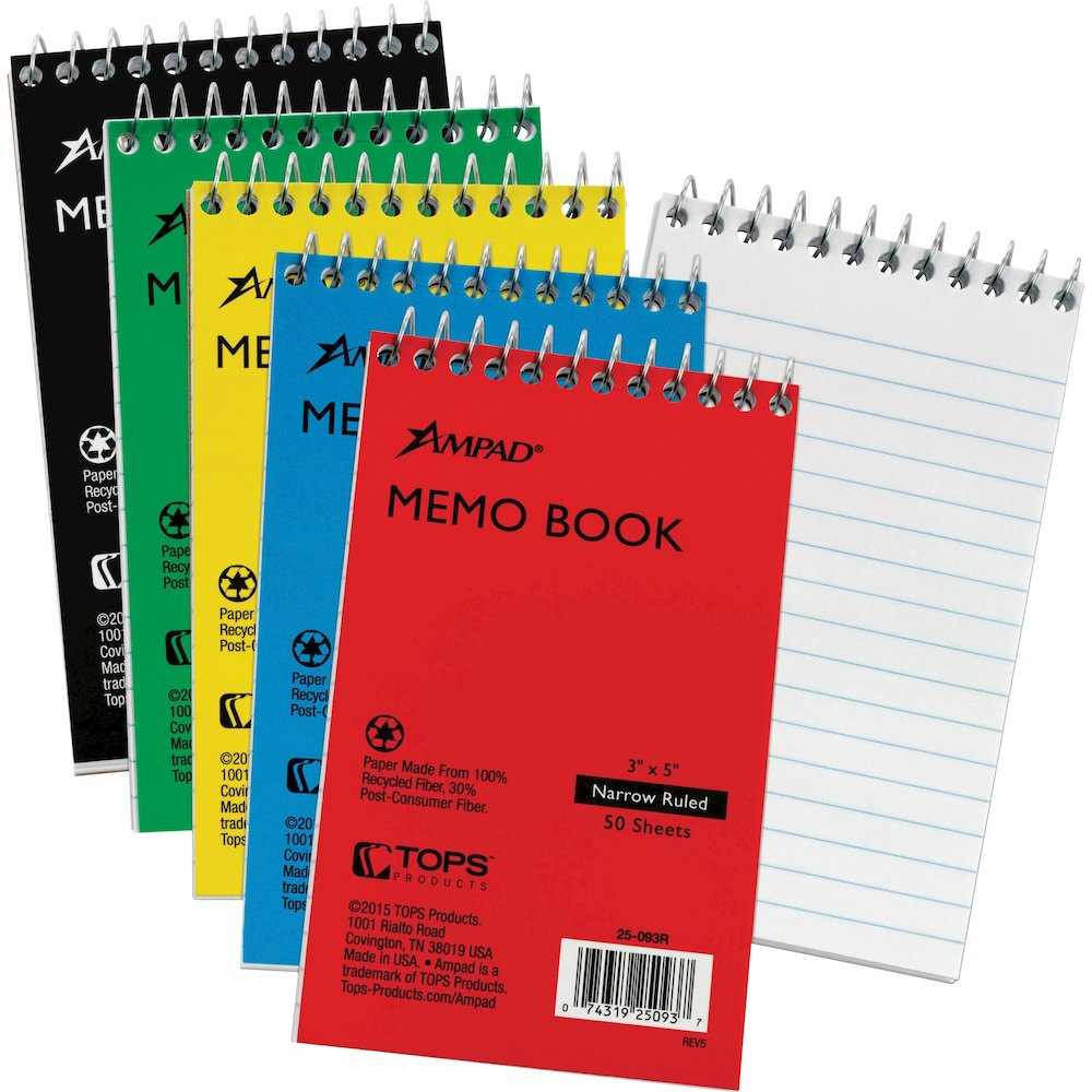 Ampad Topbound Memo Notebooks - 50 Sheets - Wire Bound - 3" x 5" Sheet Size - White Paper - Assorted Pressboard Cover - Rigid, Mediumweight - Recycled - 5 / Bundle. Picture 1