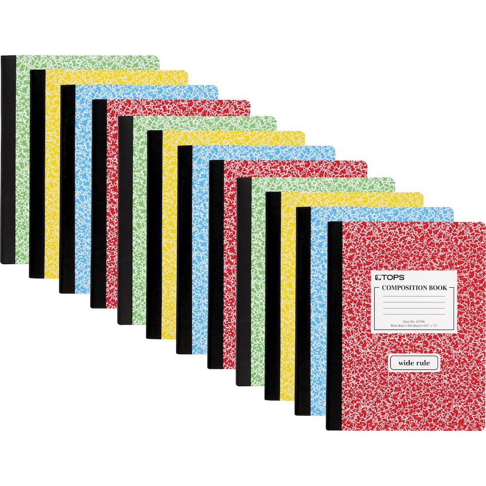 TOPS Wide Ruled Composition Books - 100 Sheets - 200 Pages - Sewn - Wide Ruled Front Ruling - Ruled Red Margin - 7 1/2" x 9 3/4" Sheet Size - White Paper - Assorted Marble Hardboard Cover - 12 / Carto. Picture 1