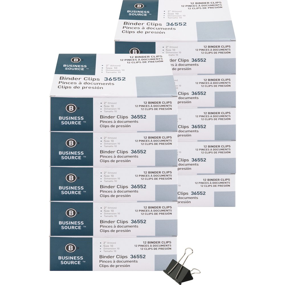 Business Source Fold-back Binder Clips - Large - 2" Length x 2" Width - 1" Size Capacity - Black - Steel - 1 Dozen/Box - 10 / Bundle. Picture 1