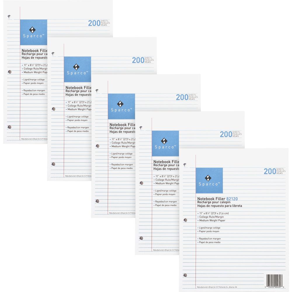 Sparco Notebook Filler Paper - Letter - 100 Sheets - Ruled Red Margin - 16 lb Basis Weight - Letter - 8 1/2" x 11" Sheet Size - White Paper - Subject - 100/Pack - 10 / Bundle. Picture 1