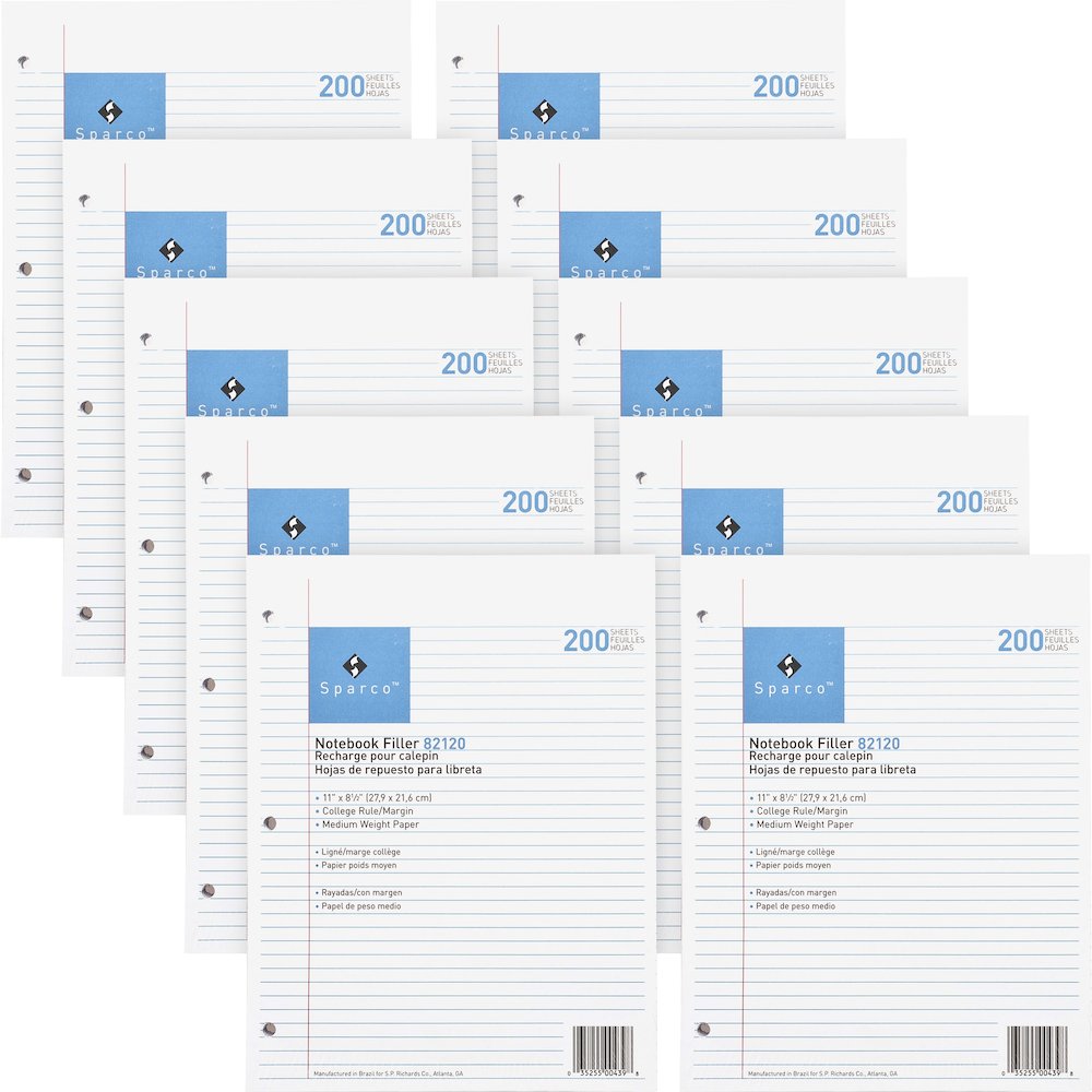 Sparco Notebook Filler Paper - Letter - 200 Sheets - Ruled Red Margin - 16 lb Basis Weight - Letter - 8 1/2" x 11" Sheet Size - White Paper - Subject - 200/Pack - 10 / Bundle. Picture 1