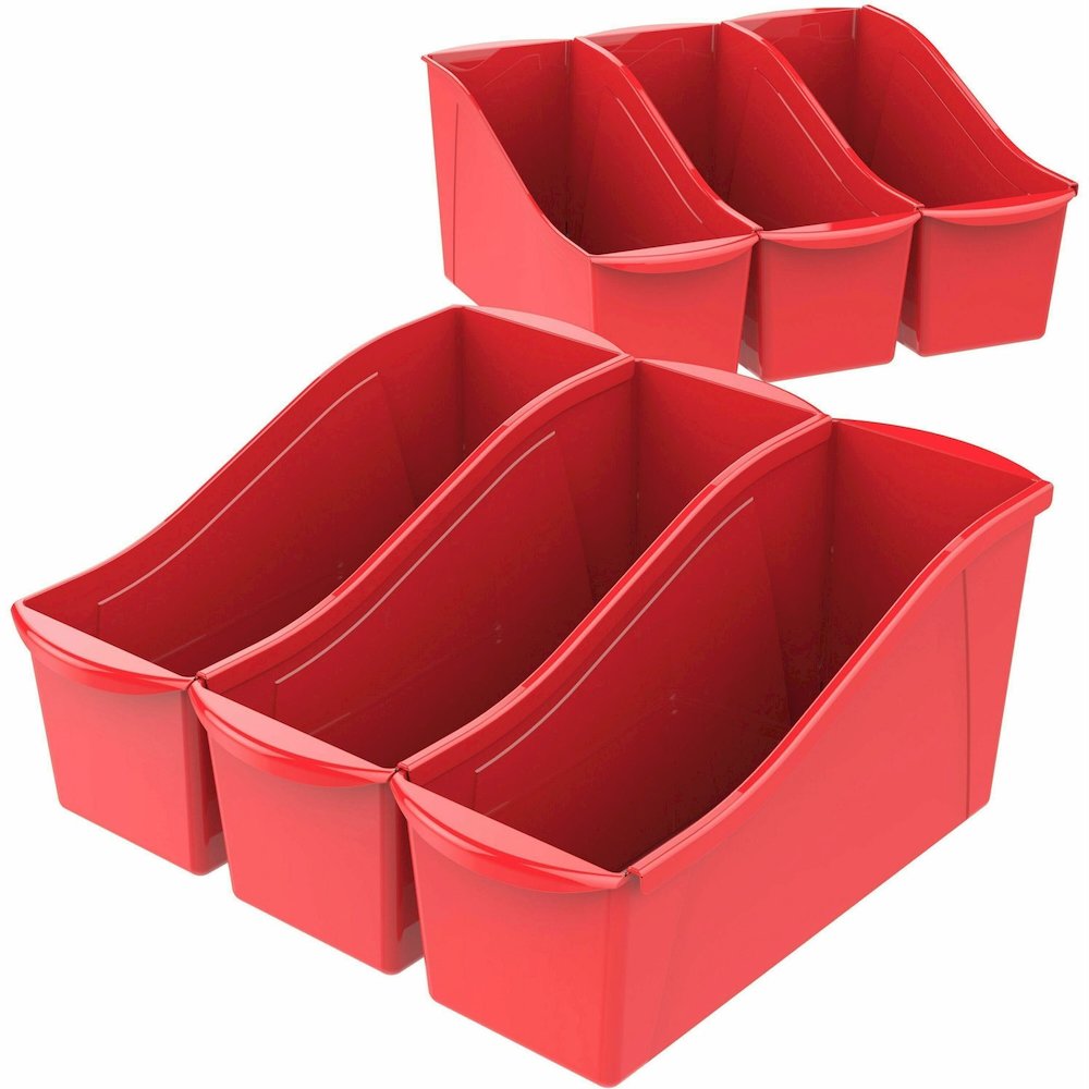 Storex Storex Multiuse Bins Red 6/pkg - 7" Height x 5.30" Width x 14.30" Length - Sturdy, Handle, Drop Resistant, Interlockable - Red - Plastic - 1 Each. Picture 1