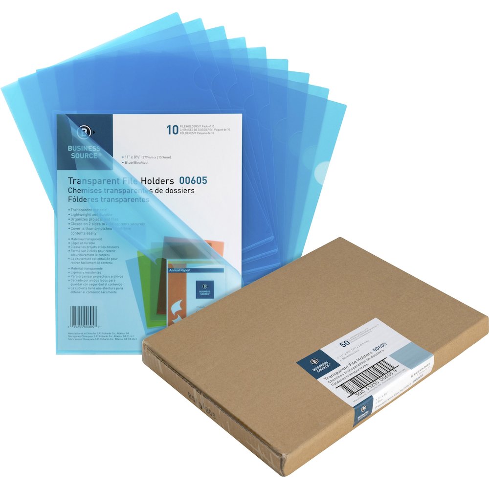 Business Source Letter File Sleeve - 8 1/2" x 11" - 20 Sheets Capacity - Blue - Water Resistant, Transfer Safe, Lightweight, Transparent - 10/Pack - 5 / Box. Picture 1