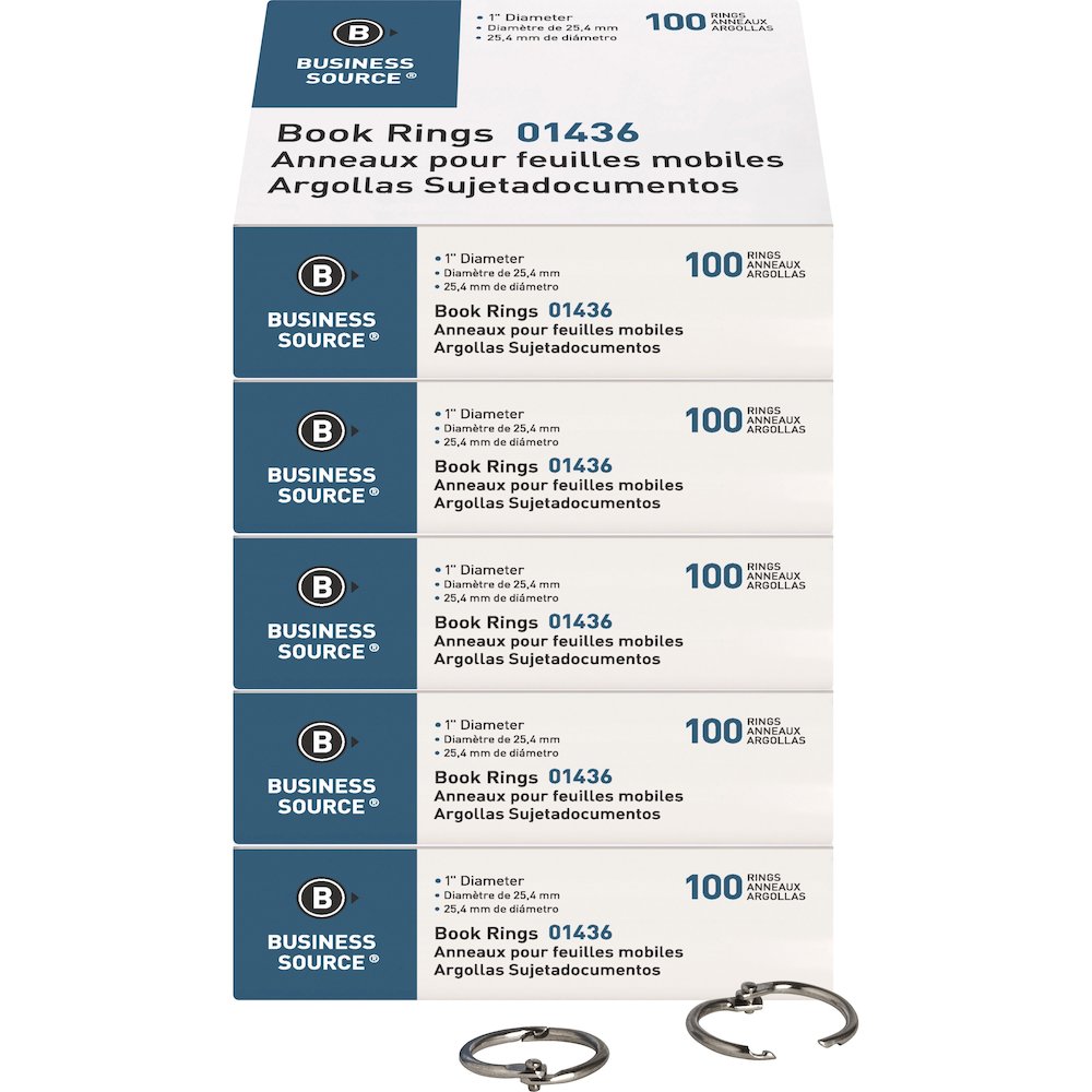 Business Source Standard Book Rings - 1" Diameter - Silver - Nickel Plated - 100/Box - 5 / Bundle. Picture 1
