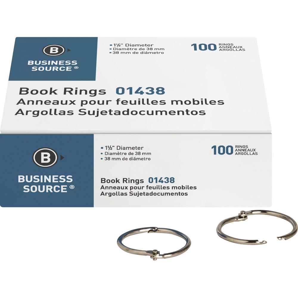 Business Source Standard Book Rings - 1.5" Diameter - Silver - Nickel Plated - 100 / Box. Picture 1
