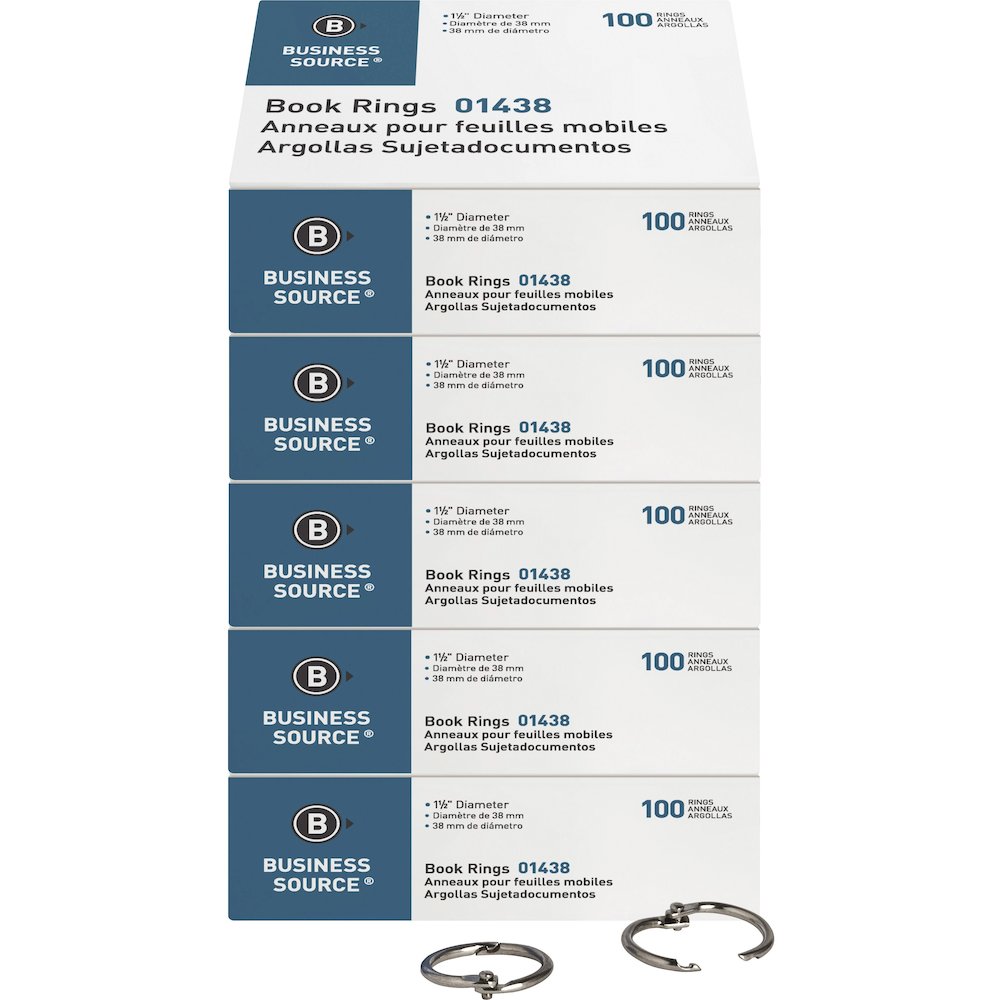 Business Source Standard Book Rings - 1.5" Diameter - Silver - Nickel Plated - 100/Box - 5 / Bundle. Picture 1