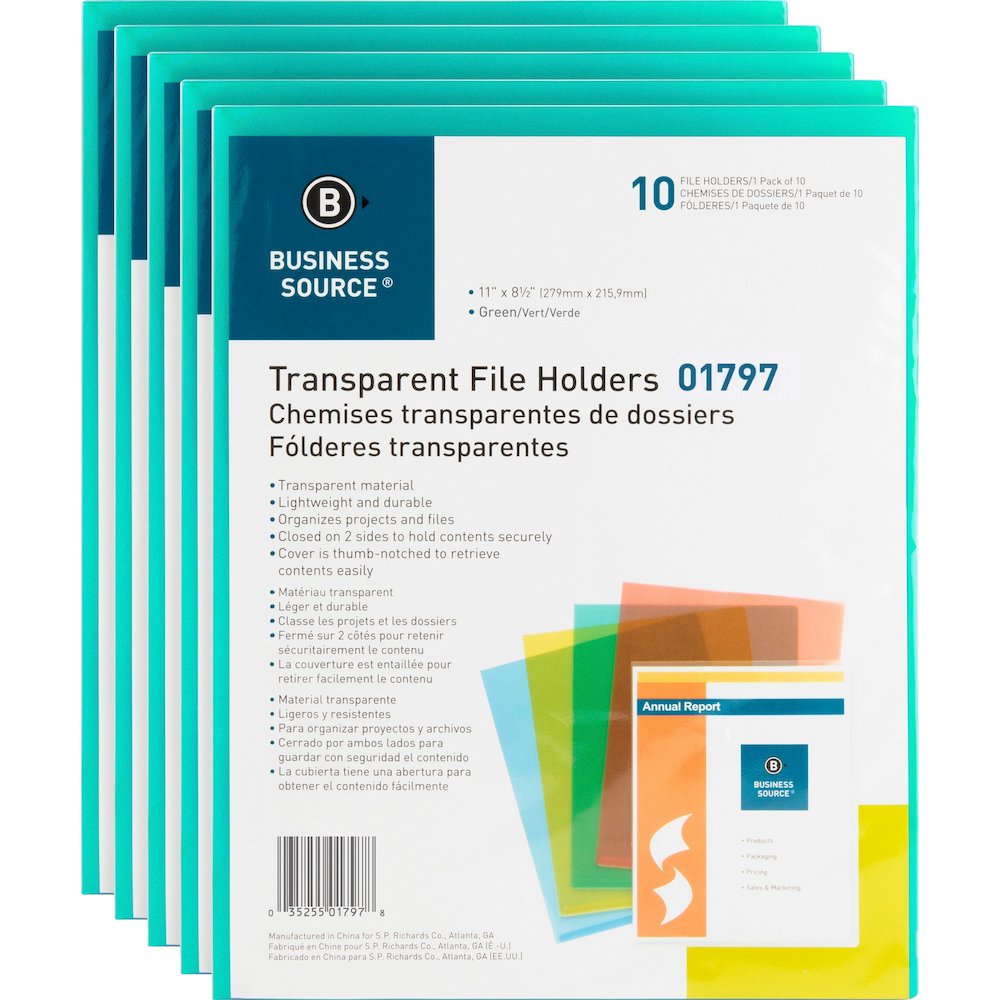 Business Source Letter File Sleeve - 8 1/2" x 11" - 20 Sheets Capacity - Green - Water Resistant, Transfer Safe, Lightweight, Transparent - 10/Pack - 5 / Box. Picture 1