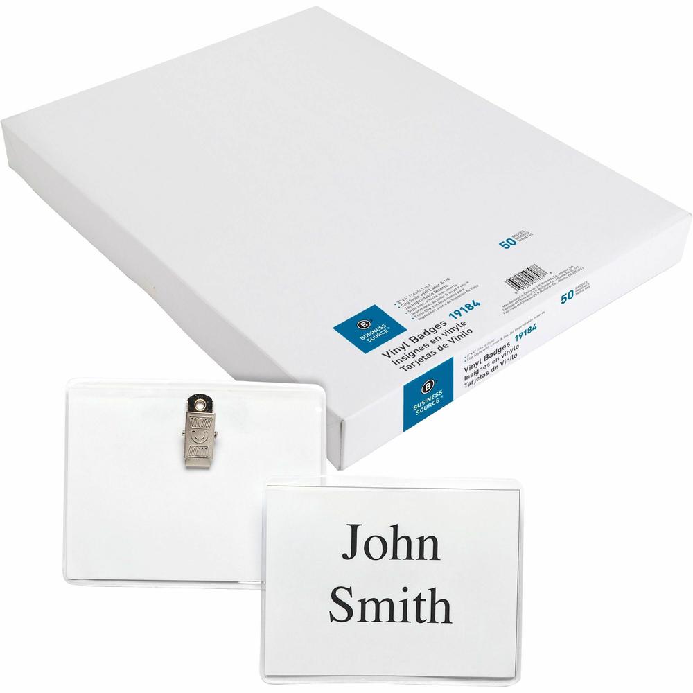 Business Source Clip Holder Style Badge Kit - 3" Height x 4" Width - Clear - 50 / Box. Picture 1