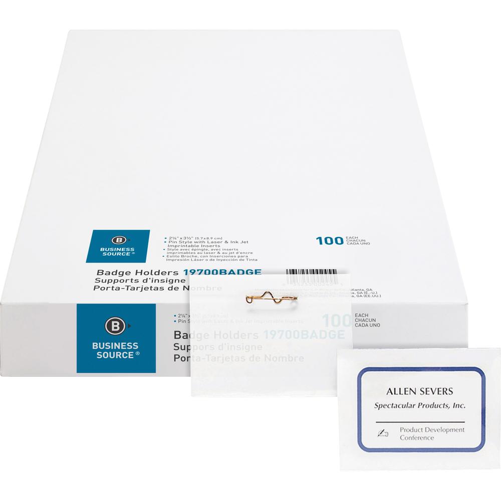Business Source Pin Style Holder Name Badge Kit - Clear - 100 / Box. Picture 1