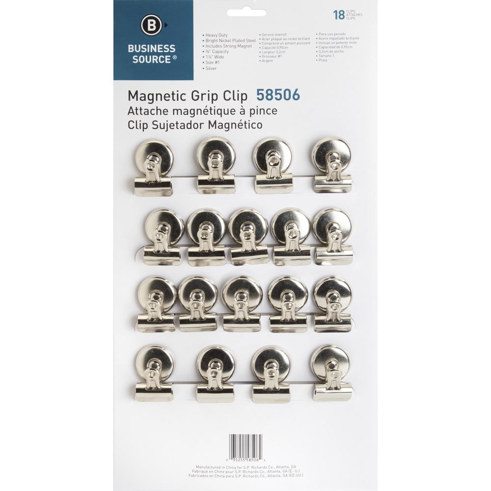 Business Source Magnetic Grip Clips Pack - No. 1 - 1.3" Width - for Paper - Magnetic, Heavy Duty - Silver - 18 / Box. Picture 1