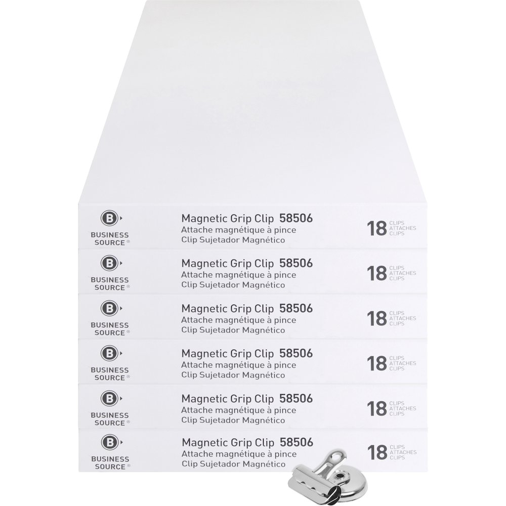 Business Source Magnetic Grip Clips Pack - No. 1 - 1.3" Width - for Paper - Magnetic, Heavy Duty - Silver - 18/Box - 6 / Bundle. Picture 1