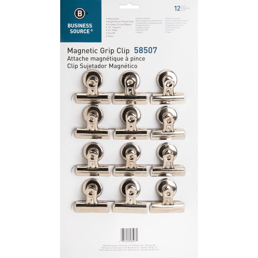 Business Source Magnetic Grip Clips Pack - No. 2 - 2.3" Width - for Paper - Magnetic, Heavy Duty - Silver - 12 / Box. Picture 1