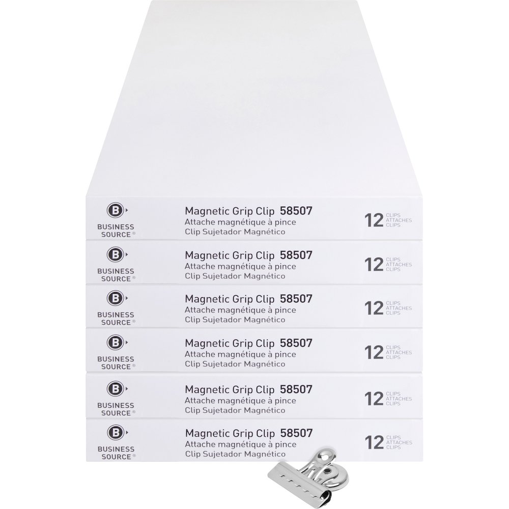 Business Source Magnetic Grip Clips Pack - No. 2 - 2.3" Width - for Paper - Magnetic, Heavy Duty - Silver - 12/Box - 6 / Bundle. Picture 1