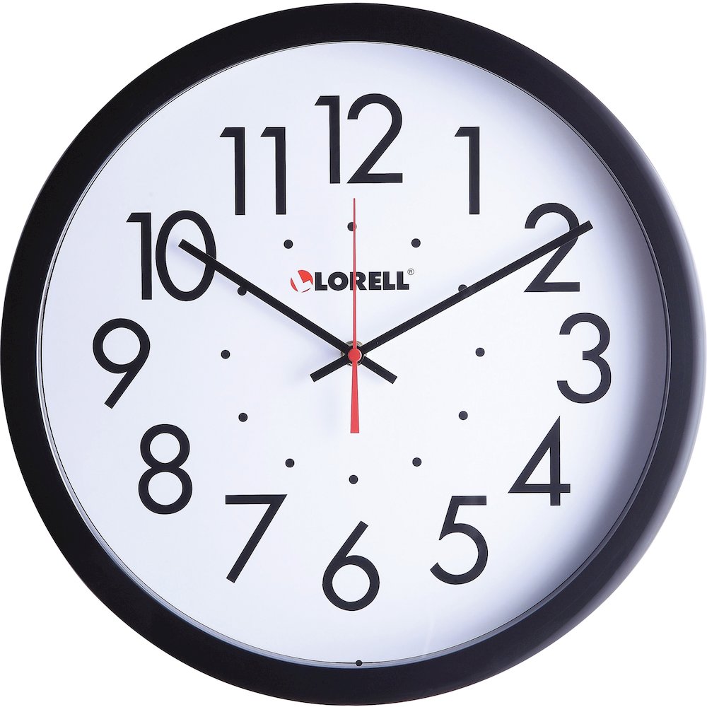 Lorell 14-1/2" Self-Set Wall Clock - Analog - Quartz - White Main Dial - Black Case. Picture 1