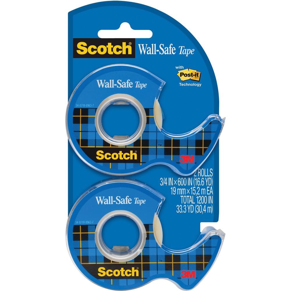 Scotch Wall-Safe Tape - 18.06 yd Length x 0.75" Width - Dispenser Included - 2 / Pack - Translucent. Picture 1