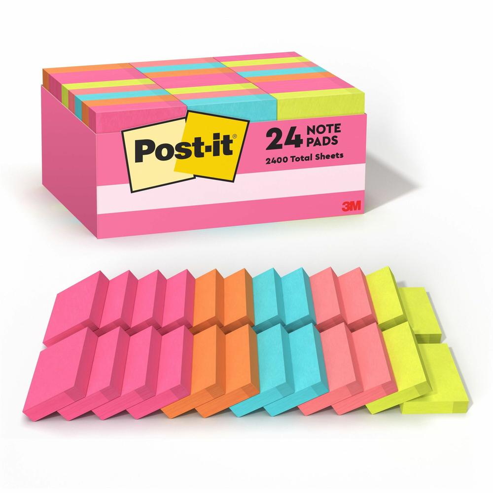 Post-it&reg; Notes Value Pack - 1 1/2" Flag/Note Width x 2" Flag/Note Length - Rectangle - 100 Sheets per Pad - Power Pink, Acid Lime, Aqua Splash, Vital Orange, Guava - Self-stick, Recyclable - 24 / . Picture 1