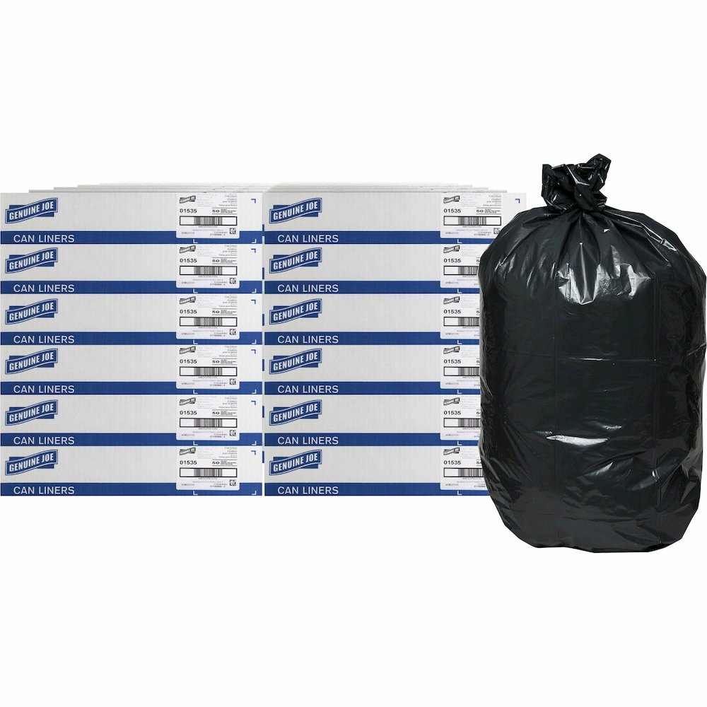 Genuine Joe Heavy-Duty Trash Can Liners - 60 gal Capacity - 56" Length x 39" Width x 1.50 mil (38 Micron) Thickness - Low Density - Black - Plastic Resin - Waste, Debris, Can - 50/Box - 96 / Pallet. Picture 1