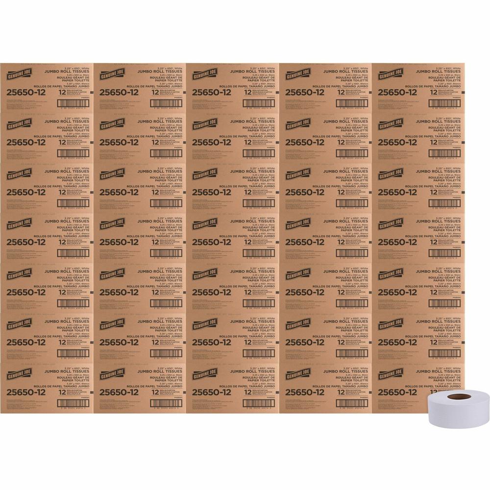 Genuine Joe 2-ply Jumbo Roll Dispenser Bath Tissue - 2 Ply - 3.30" x 650 ft - White - 648 / Pallet. Picture 1