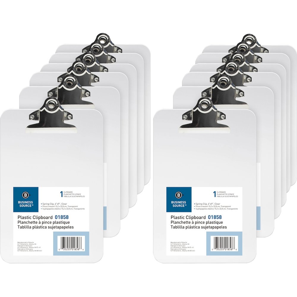 Business Source Plastic Clipboard - 6" x 9" Sheet Size - Spring Clip - Plastic - Clear - 12 / Box. Picture 1