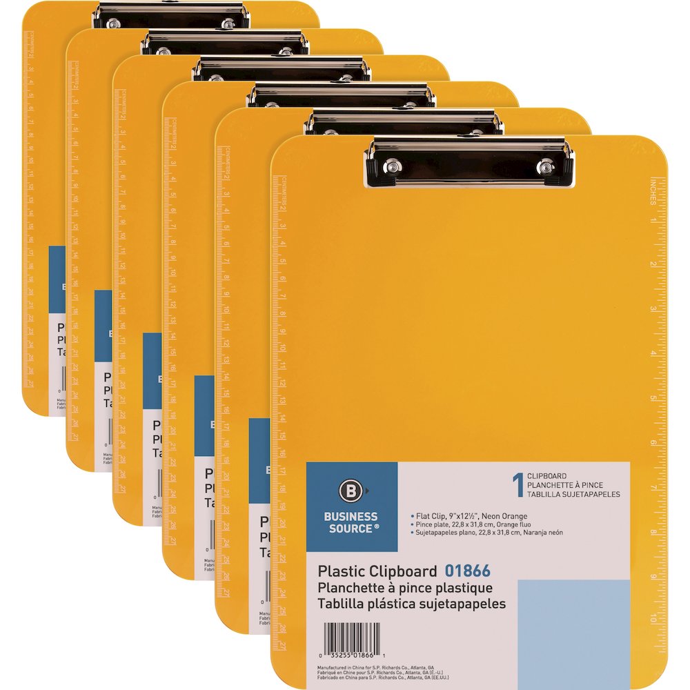 Business Source Flat Clip Clipboard - 9" x 12" Sheet Size - Plastic - Neon Orange - 6 / Bundle. Picture 1