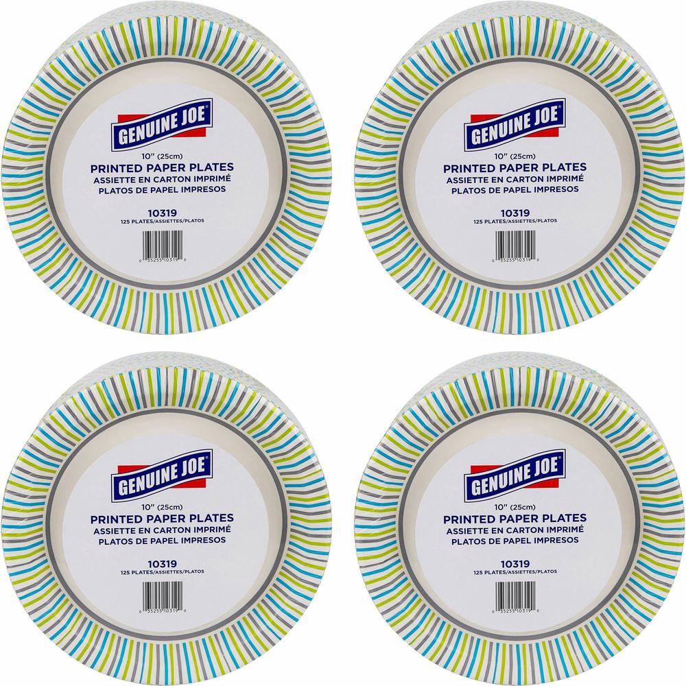 Genuine Joe 10" Printed Paper Plates - Disposable - 10" Diameter - Assorted - 125/Pack - 4 / Carton. Picture 1