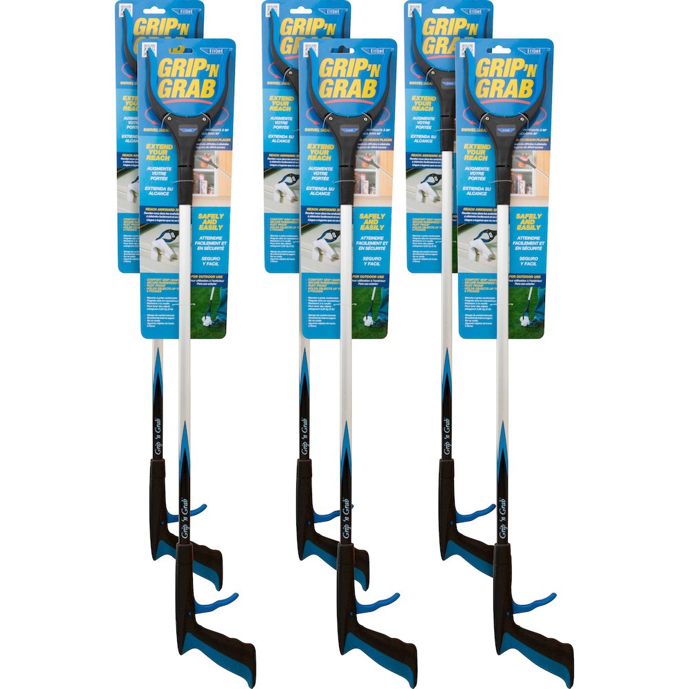 Ettore Grip 'n Grab Multipurpose Pickup Tool - 32" Reach - Lightweight, Rust Proof, Articulating Head, Comfortable Handle - Aluminum, Plastic, Rubber - Blue - 6 / Carton. Picture 1