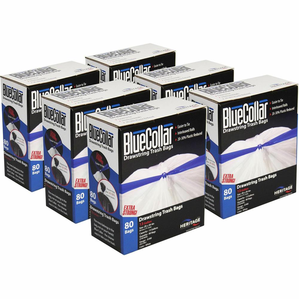 BlueCollar 13-gallon Drawstring Trash Bags - 13 gal Capacity - 28" Length x 24" Width x 0.80 mil (20 Micron) Thickness - Drawstring Closure - White - Garbage - 80/Box - 6 / Carton. Picture 1