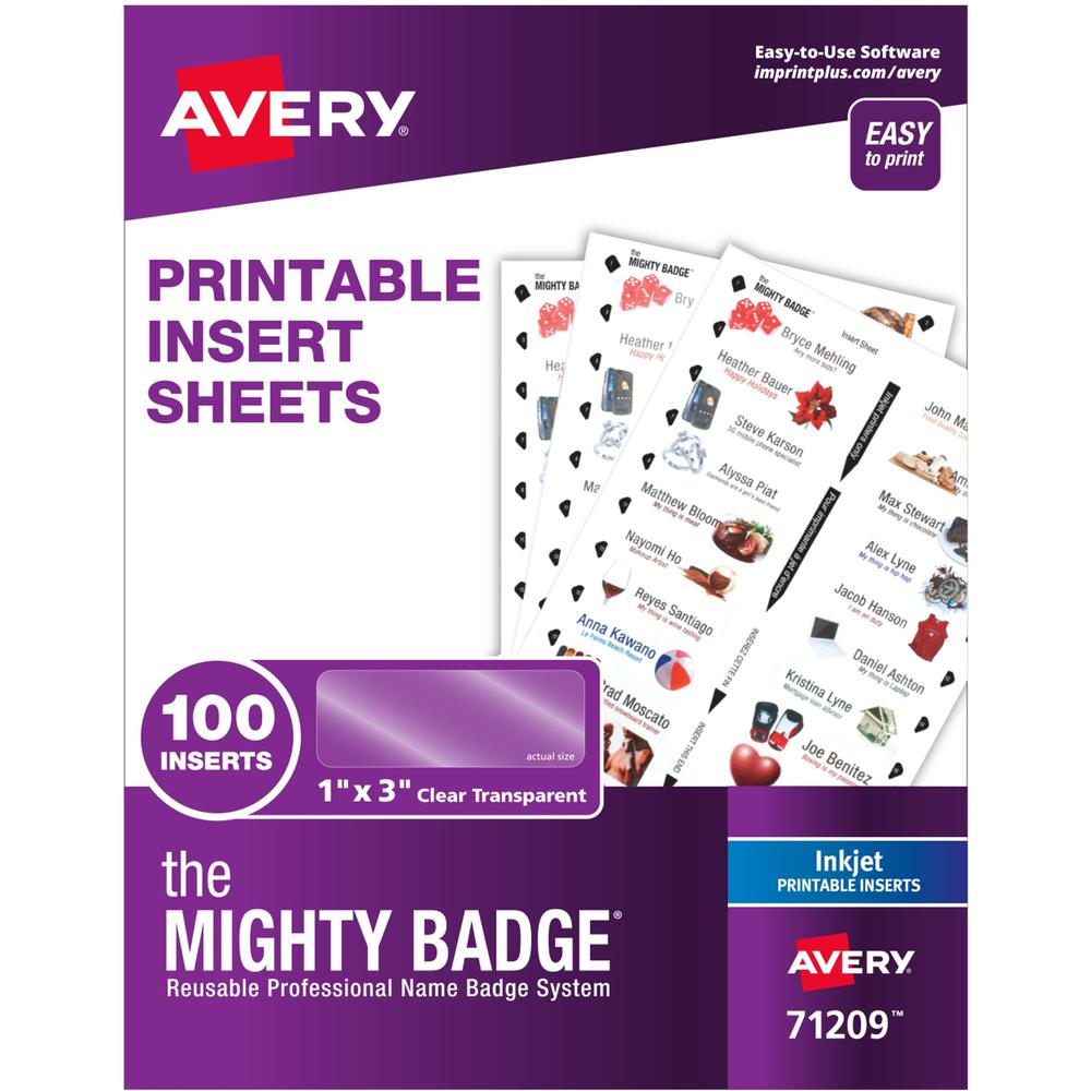 The Mighty Badge&reg; The Mighty Badge Printable Insert Sheets, 100 Clear Inserts, Inkjet - 1" x 3" - 100 / Pack - Printable, Non-adhesive, Reusable - Clear. Picture 1