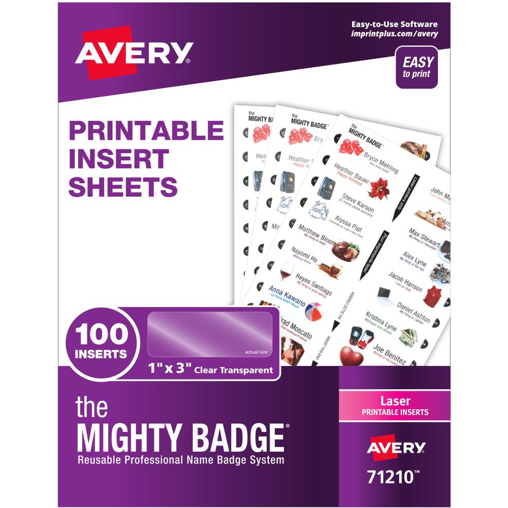 The Mighty Badge&reg; by Avery&reg; The Mighty Badge Printable Insert Sheets, 100 Clear Inserts, Laser - Letter - 8 1/2" x 11" - Printable, Non-adhesive, Easy Peel, Reusable - Clear - 5 Sheets - 100 /. Picture 1