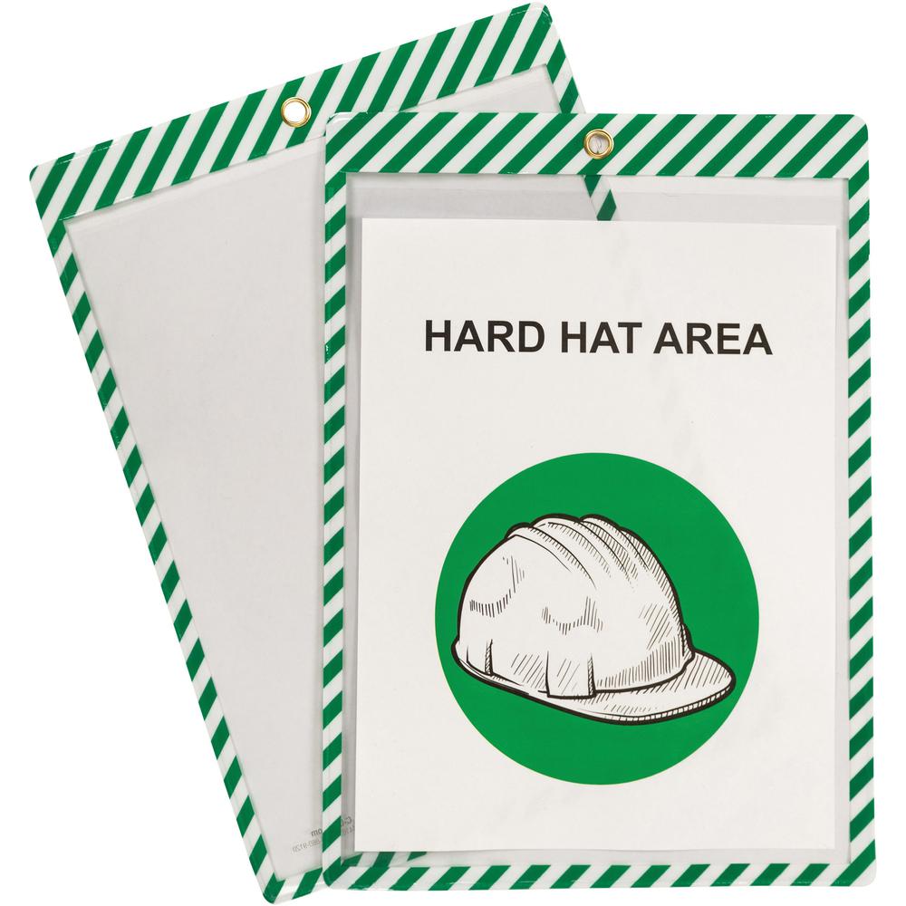 C-Line Safety Striped Shop Ticket Holders - 0.1" Height x 9.8" Width x 13.6" Length - Vinyl - White, Green - 1 Box. Picture 1