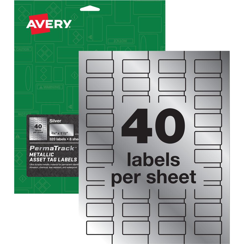 Avery&reg; PermaTrack Asset Tag Label - Waterproof - 3/4" Width x 1 1/2" Length - Permanent Adhesive - Rectangle - Laser - Glossy - Silver - Film - 40 / Sheet - 8 Total Sheets - 320 Total Label(s) - 3. Picture 1