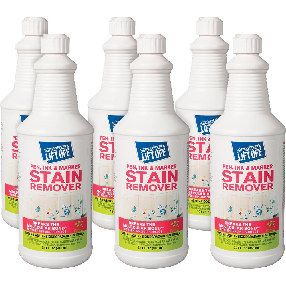 Mötsenböcker's Lift Off Pen/Ink/Marker Stain Remover - 32 fl oz (1 quart) - 6 / Carton - Environmentally Friendly, Water Based, Color Safe - White. Picture 1