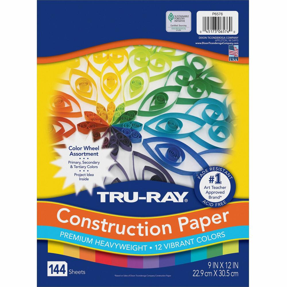 Tru-Ray Color Wheel Construction Paper - Project - 144 Piece(s) - 12" Height x 9" Width x 1" Length - Yellow, Gold, Orange, Festive Red, Holiday Red, Magenta, Violet, Purple, Blue, Turquoise, Holiday . Picture 1