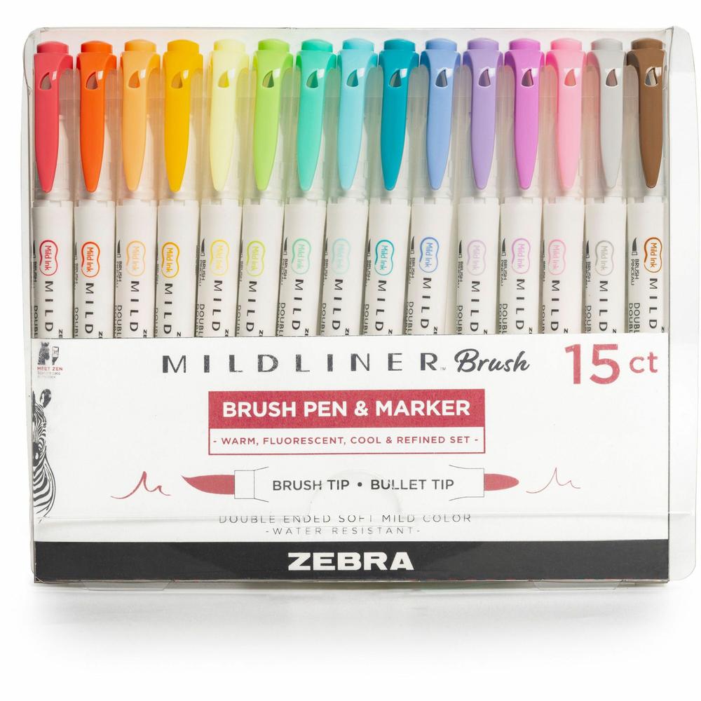 Zebra MILDLINER Dual Ended Brush Pen & Marker Set - Assorted Ink - Pigment-based - White Barrel - 15 / Pack. Picture 1