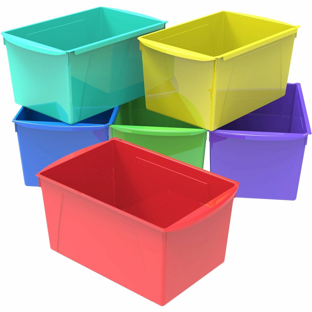 Storex Double XL Wide Book Bins - 7" Height x 9.20" Width x 14.50" Length - Desktop - Carrying Handle - Red - 6 / Carton. Picture 1