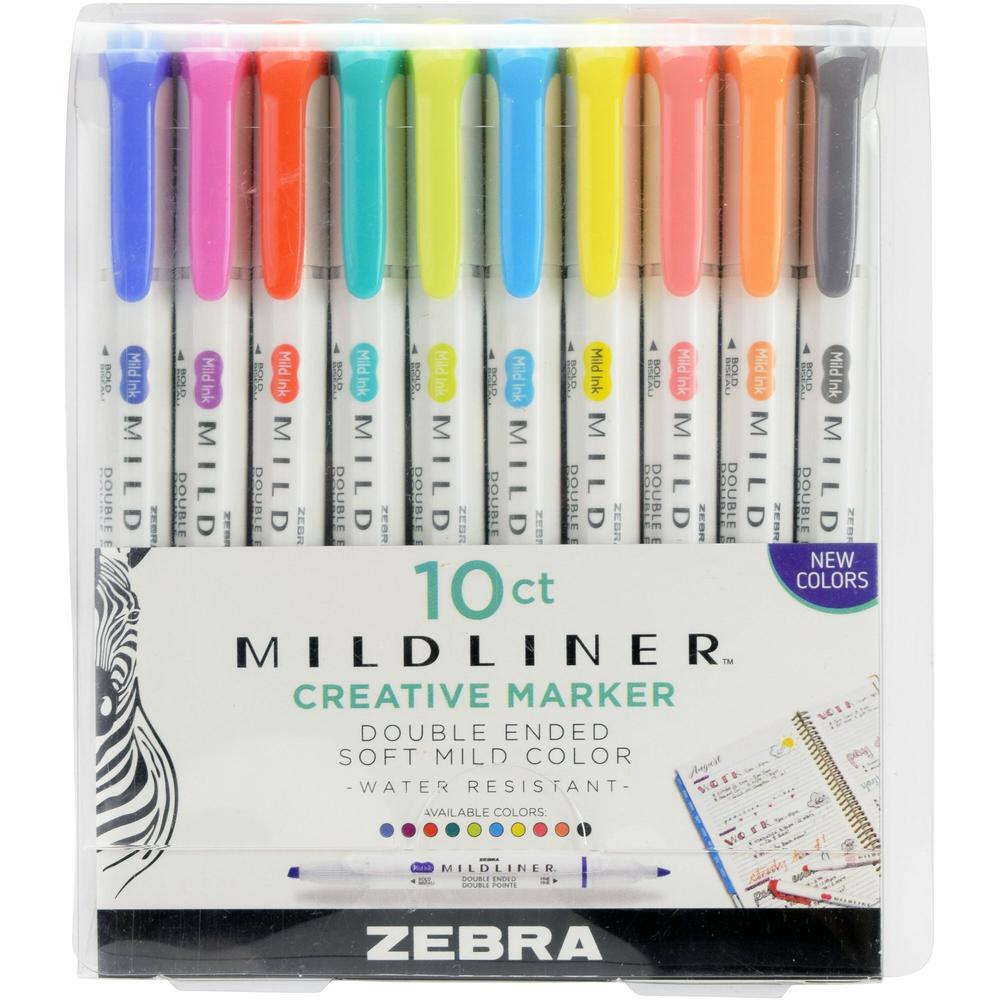 Zebra MILDLINER Dual Ended Creative Marker - Mild Lavender, Mild Spring Green, Mild Citrus Green, Mild Marigold, Mild Fuchsia, Mild Dark Gray, Mild Cyan, Mild Coral Pink, Mild Apricot, Mild Lemon Yell. Picture 1