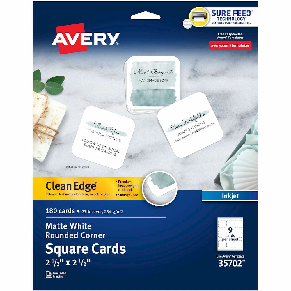 Avery&reg; Clean Edge Square Cards, Rounded Corners, 2.5" x 2.5" (35702) - 110 Brightness - 8 1/2" x 11" - 93 lb Basis Weight - 254 g/m² Grammage - Matte - Printable, Rounded Corner, Die-cut, Smo. Picture 1