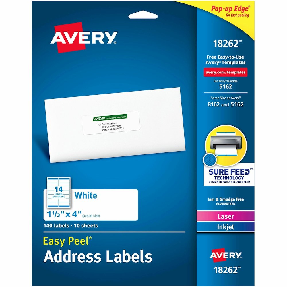 Avery&reg; Easy Peel Address Label - 1 21/64" Widthss x 4" Length - Permanent Adhesive - Rectangle - Inkjet, Laser - Matte White - Matte - Paper - 14 / Sheet - 14 Total Sheets - 140 Total Label(s) - 1. Picture 1