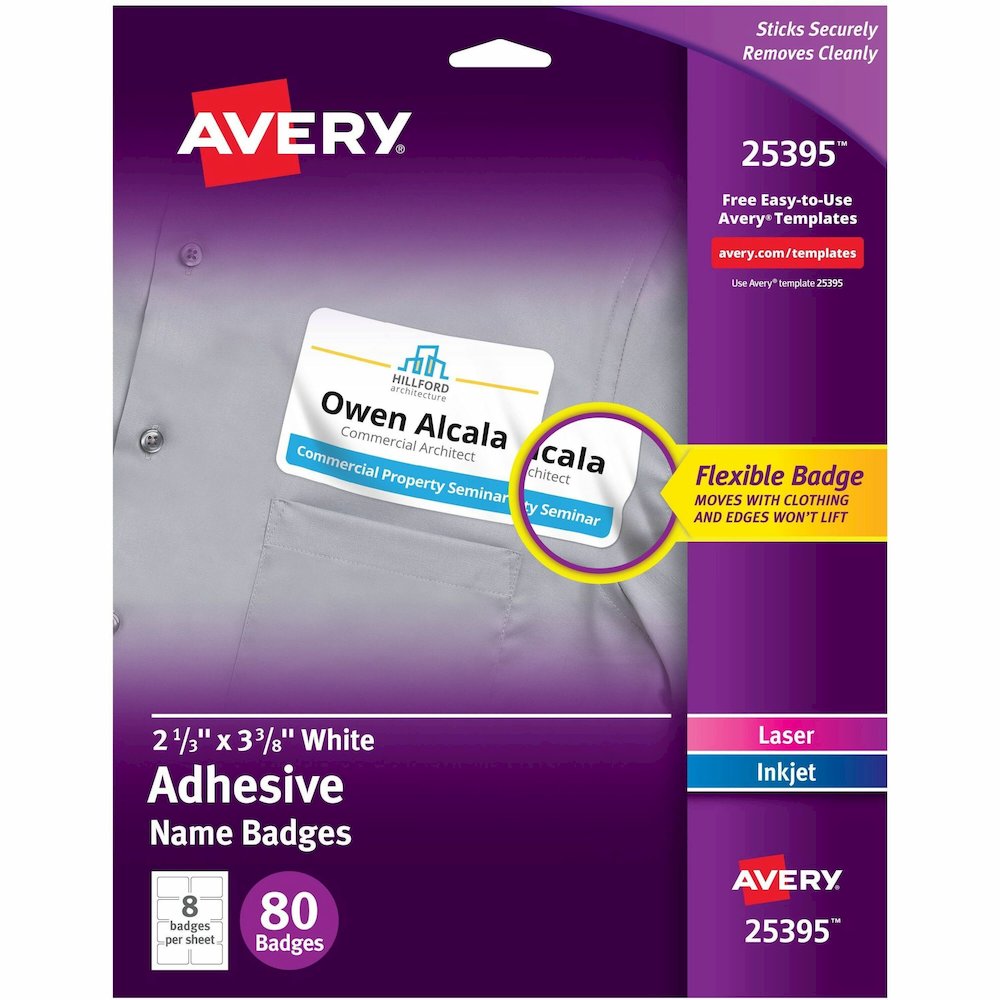 Avery&reg; Flexible Name Badges, 2-1/3" x 3-3/8" , Matte, 80ct (25395) - x 2 21/64" Width x 3 3/8" Length - Removable Adhesive - Rectangle - Inkjet, Laser - Matte - White - Film - 8 / Sheet - 10 Total. Picture 1