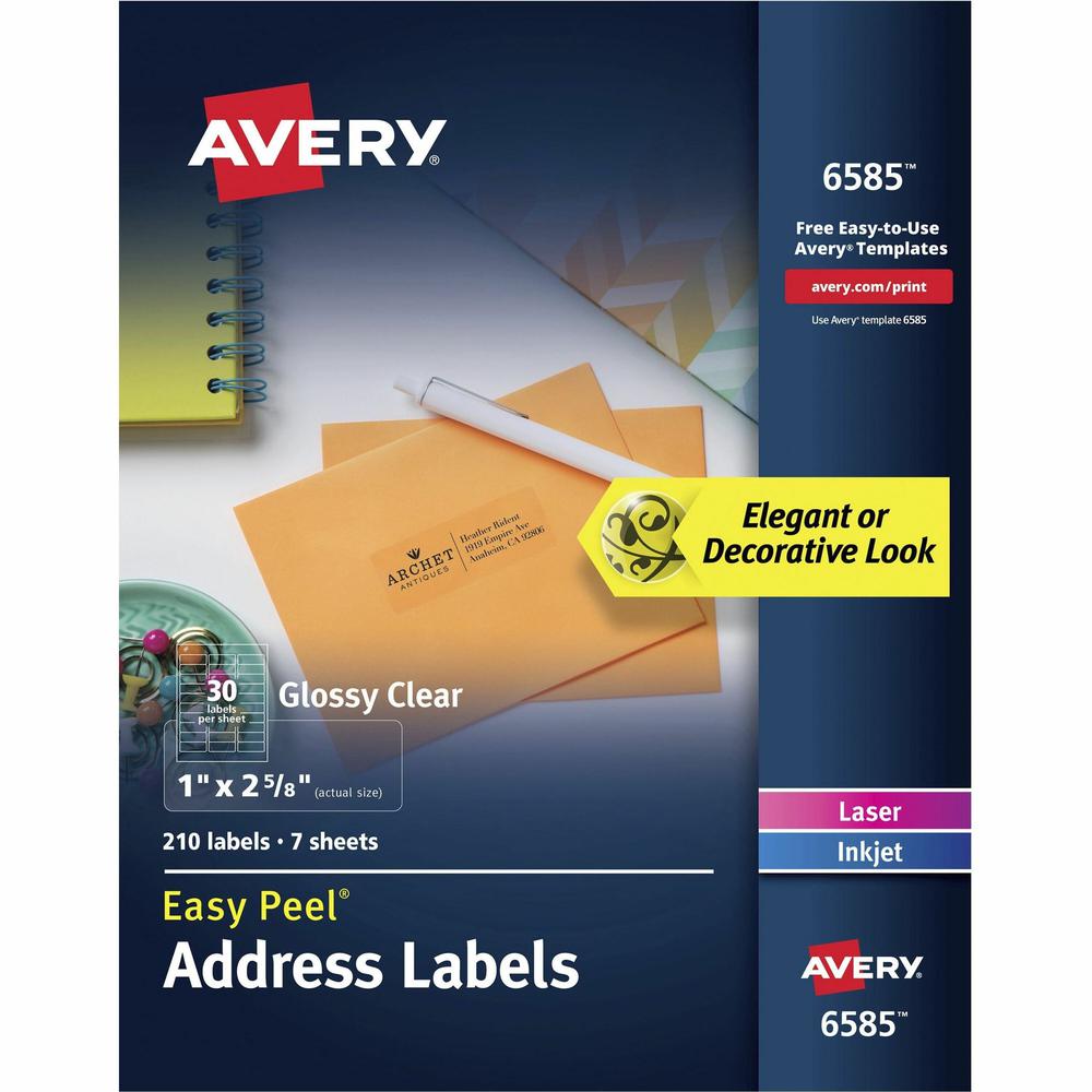 Avery&reg; Easy Peel Address Label - 2 5/8" Height x 1" Width - Permanent Adhesive - Rectangle - Laser, Inkjet - Clear - Film - 30 / Sheet - 35 Total Sheets - 1050 Total Label(s) - 5 / Carton. Picture 1