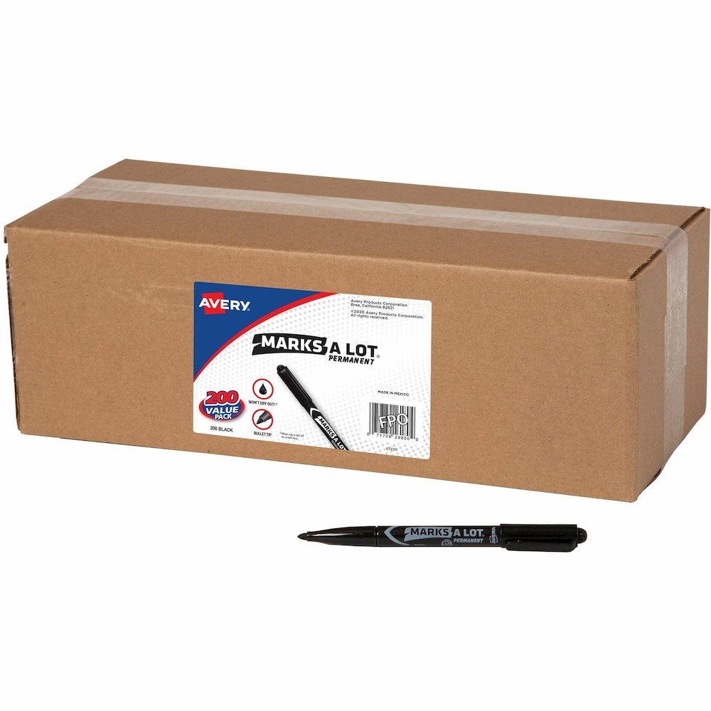Avery&reg; Marks-A-Lot Value Pack Pen-Style Permanent Markers - Bold Bullet Marker Point - Black Ink - Metal, Plastic, Warehouse, Classroom, Office - 200 / Carton. Picture 1