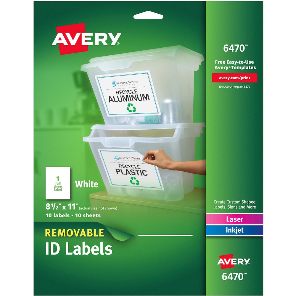 Avery&reg; Removable I.D. Laser/Inkjet Labels - 8 1/2" Widthss x 11" Length - Removable Adhesive - Rectangle - Laser, Inkjet - Matte - White - Paper - 1 / Sheet - 50 Total Sheets - 50 Total Label(s) -. Picture 1