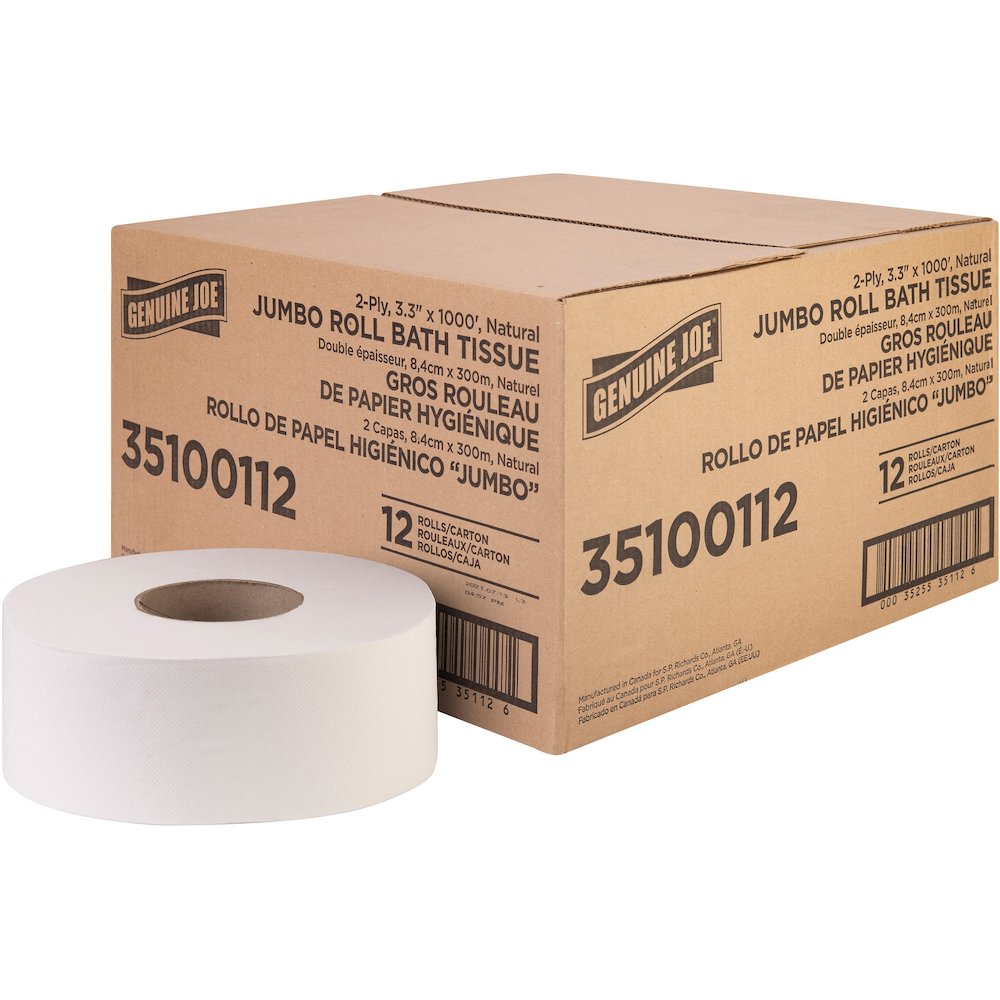 Genuine Joe Jumbo Jr Dispenser Bath Tissue Roll - 2 Ply - 3.30" Width x 1000 ft Length - 8.88" Roll Diameter - White - Fiber - 12 / Carton. Picture 1