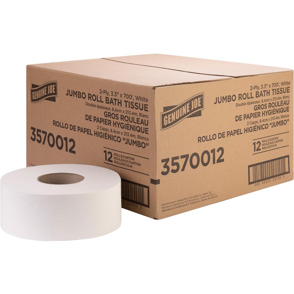 Genuine Joe Jumbo Jr Dispenser Bath Tissue Roll - 2 Ply - 3.30" Width x 700 ft Length - 8.88" Roll Diameter - White - Fiber - 12 / Carton. Picture 1
